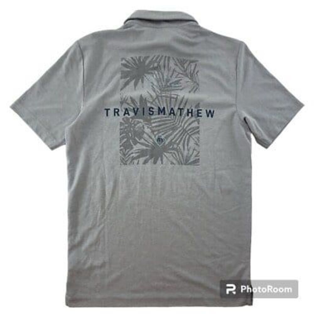 TravisMathew Yeah Bay Bay Golf Polo Shirt Mens XXL Gray Palm Graphic Performance